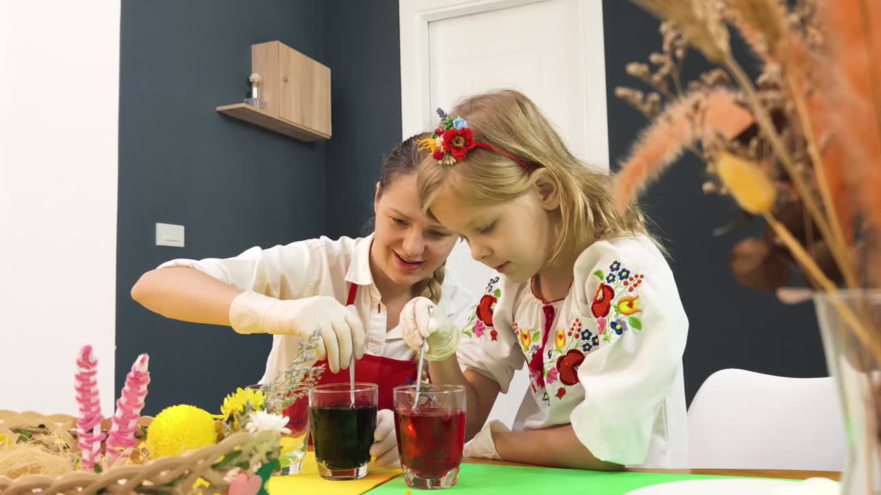 мать и дочь красят пасхальные яйца