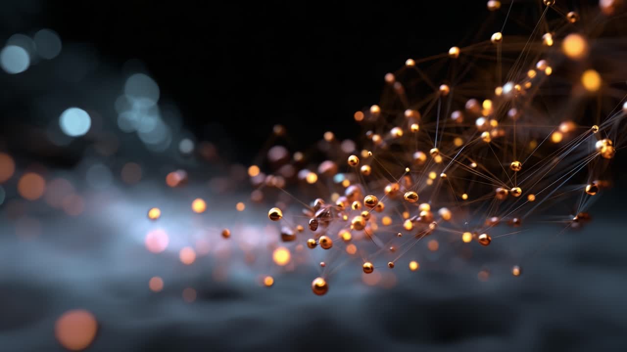 Ett dynamiskt flöde av glimmande partiklar och sammanlänkande linjer i en abstrakt digital miljö som representerar konnektivitet och innovation inom teknologi