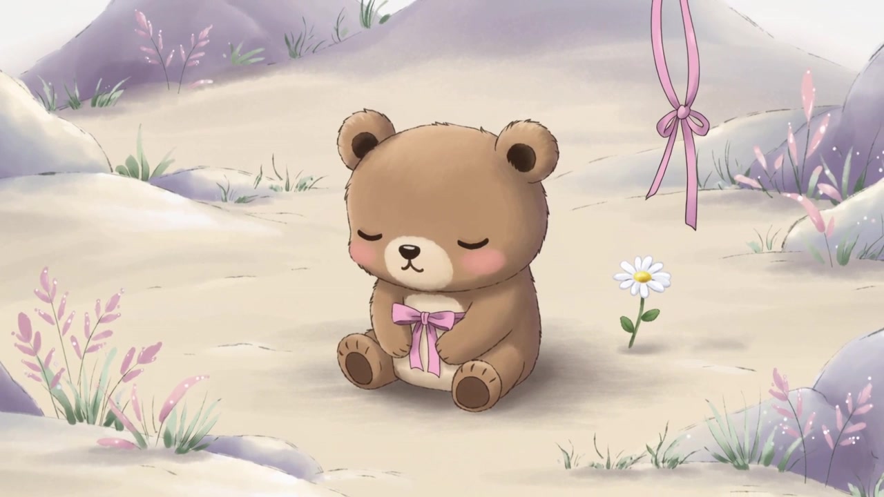 Urso de pelúcia que respira balançando, laço se movendo na areia de um prado, brisa suave movendo a fita e a margarida.
