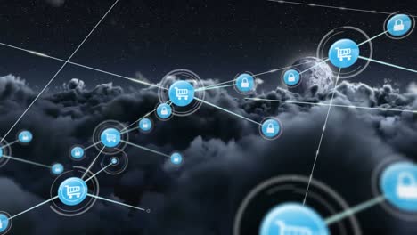 animation of network of connections with icons over sky