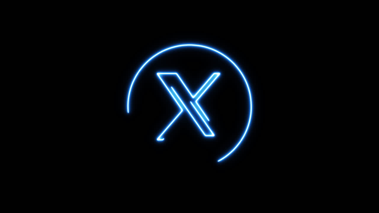 Animazione di una lettera X al neon blu brillante su sfondo nero