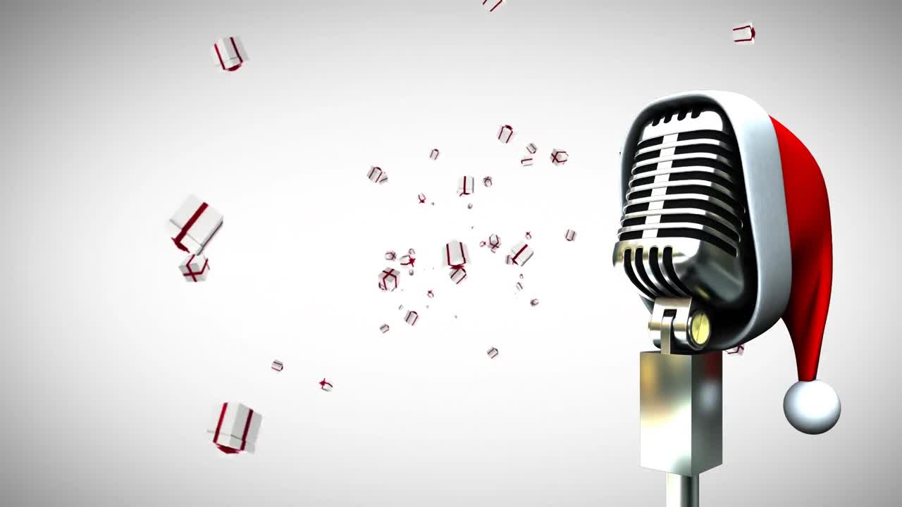⁇  배경 에 떨어지는 크리스마스 선물 과 함께 빈티지 마이크 에 산타 모자 의 애니메이션