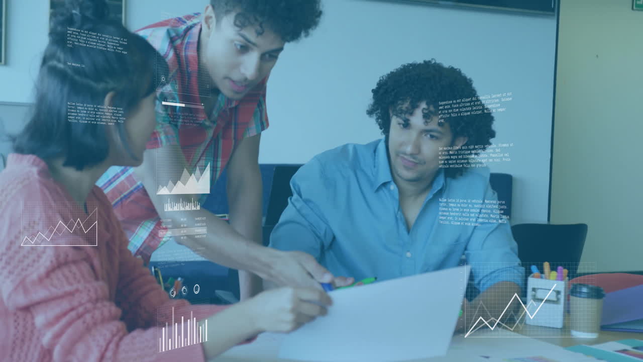 Collaborating on project, team using data visualization animation in office setting