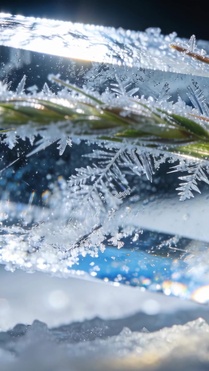 Video verticale: Telecamera che si sposta rivelando una lama d'erba brinata in macro per mostrare i dettagli del ghiaccio stratificato.