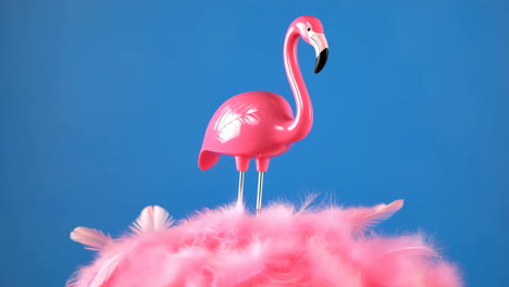 pink flamingo figurine with feathers on blue background