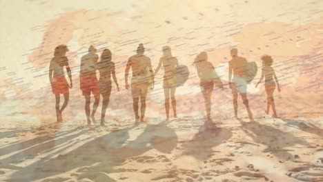 Animation-of-world-map-over-back-view-of-diverse-friends-with-surfboards-walking-on-beach