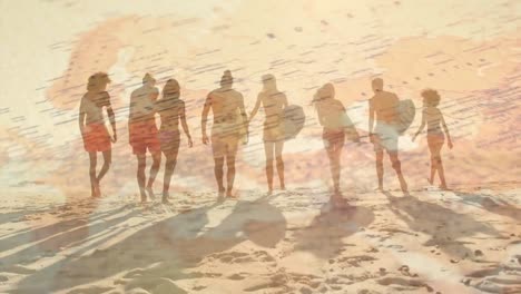 animation of world map over back view of diverse friends with surfboards walking on beach