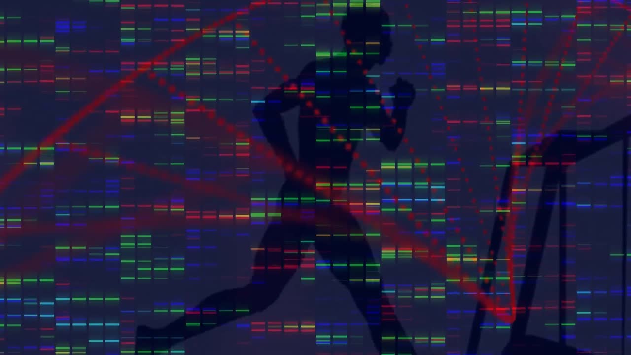 Animation of digital screen with data and dna on navy background