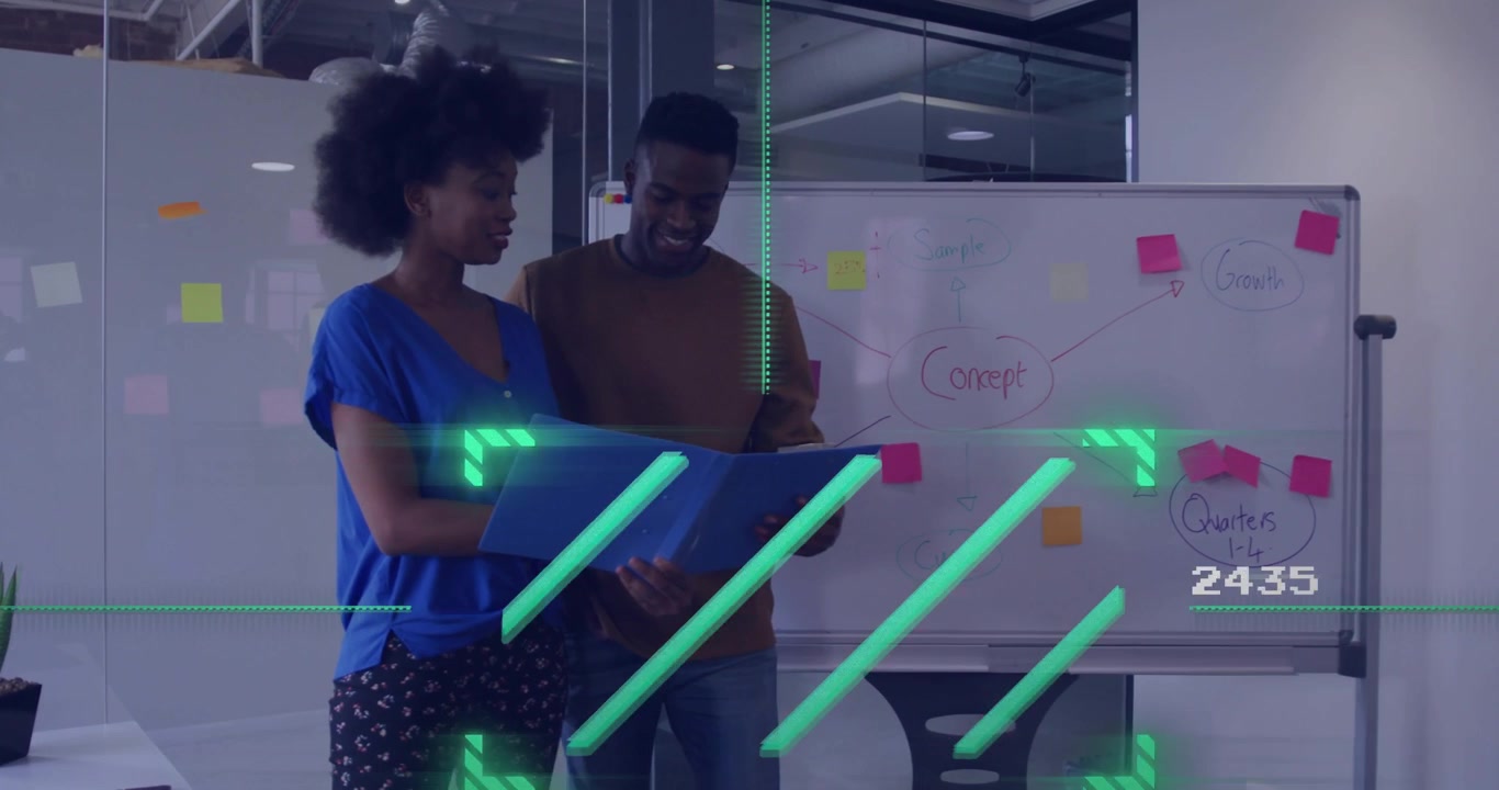 Woman holding blue folder, man leaning, green overlay readouts marking board during business review