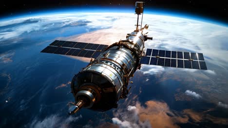 detailed view of a satellite orbiting earth during sunset hours