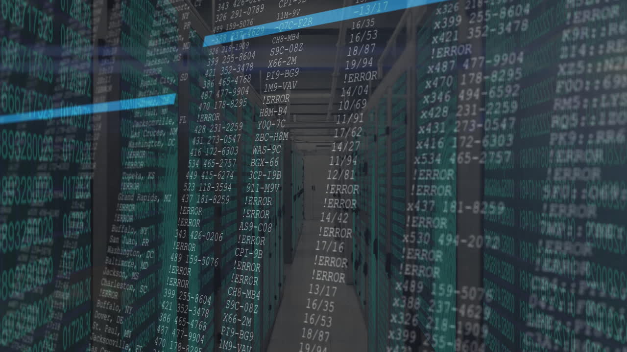 Server room with animation of digital data and error messages in blue lighting