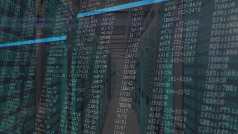 Server room with animation of digital data and error messages in blue lighting