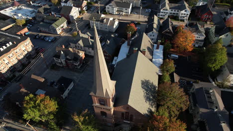 drone aerial view of south church, concord, new hampshire usa and neighborhood