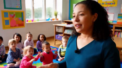 teacher leading a class of preschool children