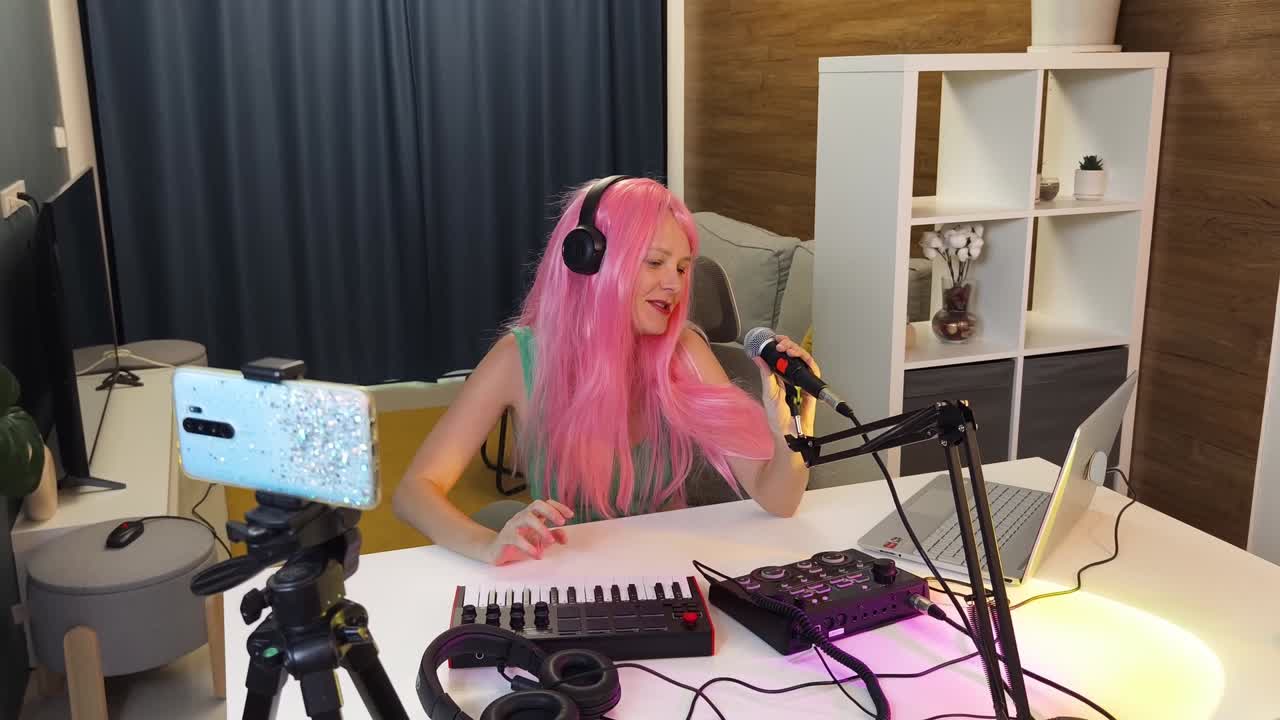 Donna che canta e registra musica in uno studio domestico