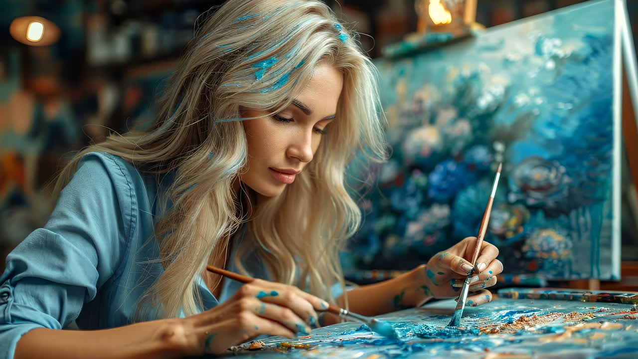 Creative woman painting in a studio. A woman with long hair paints a colorful canvas in a well-lit art studio, focused on her artwork and tools