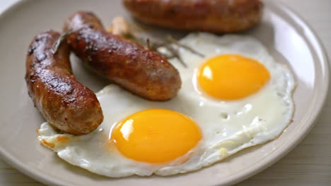 homemade double fried egg with fried pork sausage - for breakfast