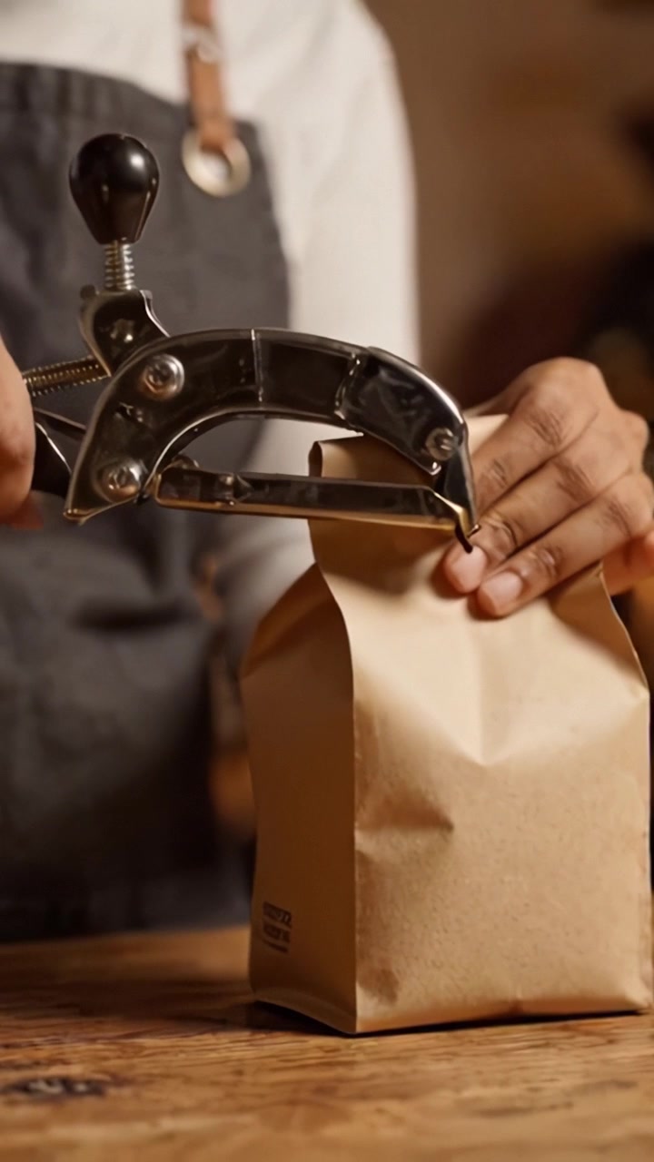 Packaging Process of a Brown Paper Bag: Closing and Preparing the Bag for Content Sealing and Presentation with a Focus on Manual Craftsmanship