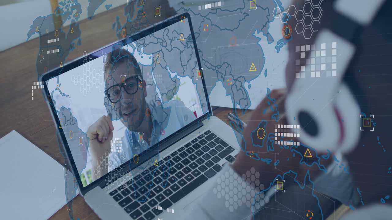 Man on video call overlaid with global network and data processing animation