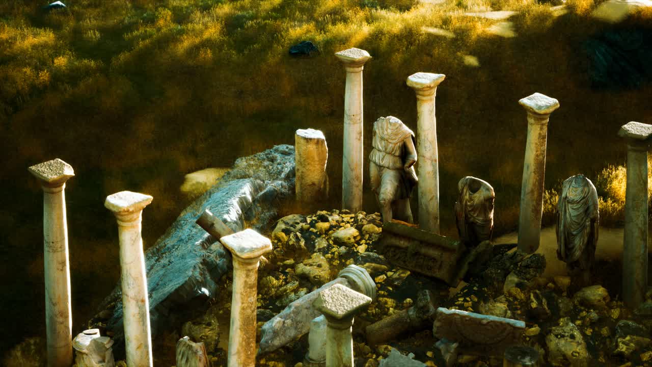 일몰 에 있는 옛 로마 사원 폐허