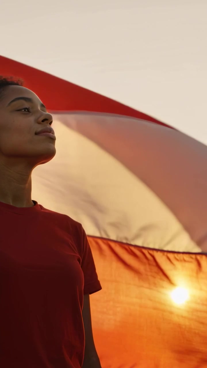 Vertical video: Wind lifting flag, woman in red tee tilting head toward sun at sunset, copy space