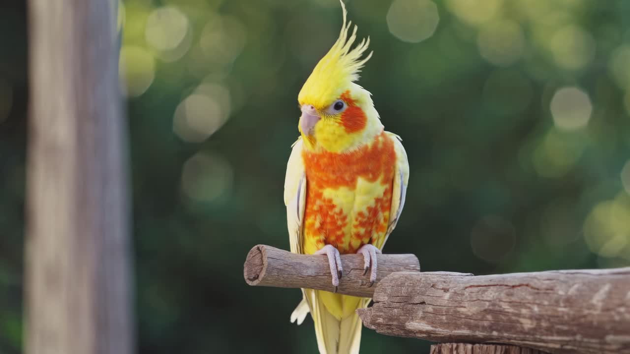 Close-up video of a vibrant cockatiel perched on a branch, shot at eye level