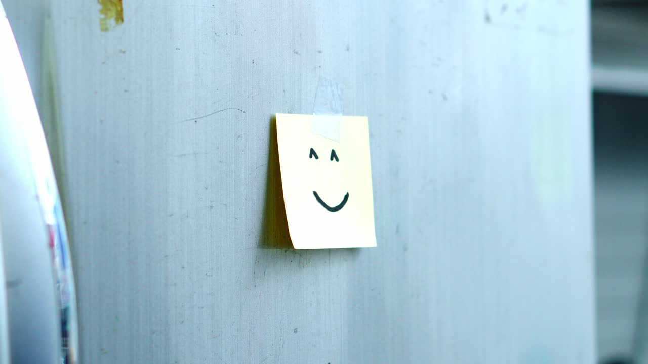 Persona che attacca un post-it con una faccina felice alla porta metallica del frigorifero
