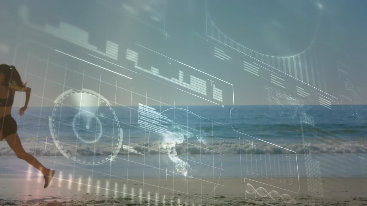 Animation of data processing and globe over caucasian woman running at beach