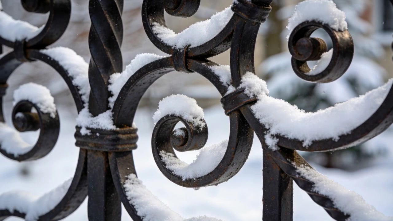 Mouvement de caméra cadrant une clôture en fer forgé couverte de neige fraîche près d'un bâtiment pendant de légères chutes de neige.