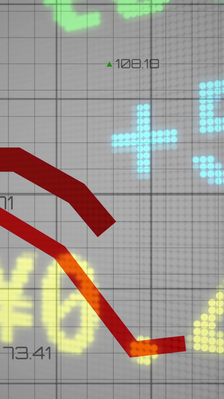 Vertical video: Dotted numerals appearing, red lines sweeping, showing market movement on grid