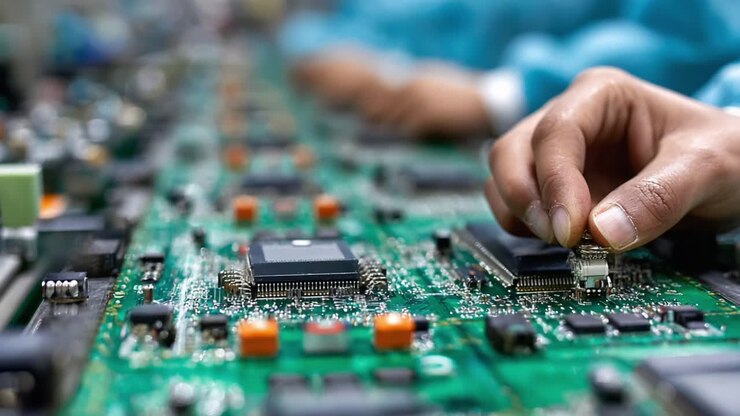 Detailed View of Circuit Board Assembly Process with Technician Hand Carefully Placing Components on Green PCB in a Technology Workshop Environment