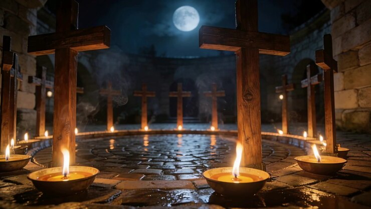 La brezza notturna agita le ciotole d'olio, croci di legno inclinate, fumo che si diffonde nel santuario durante la veglia