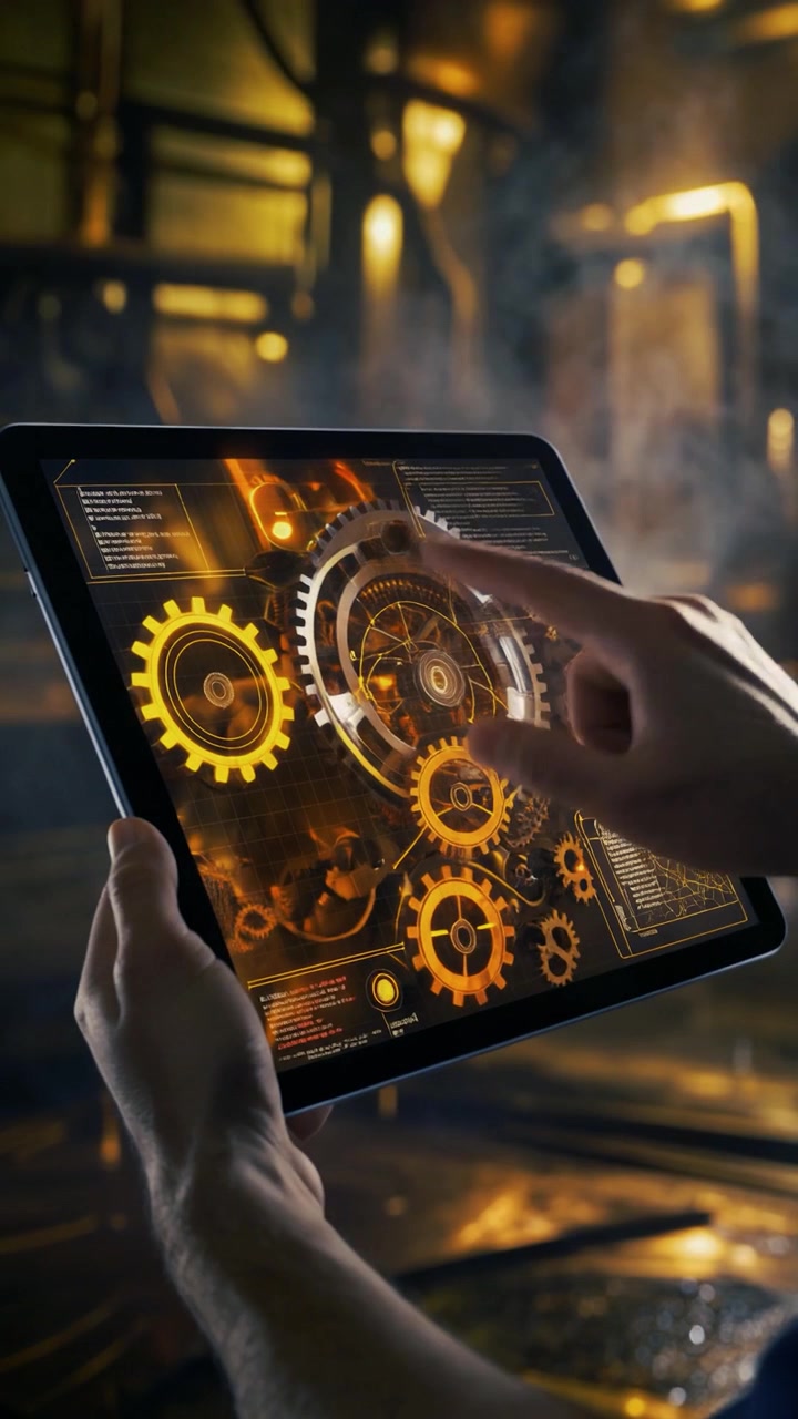 Engineer Using Tablet to Control Industrial Machinery Interface