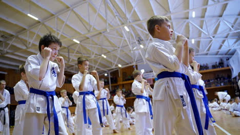 group of teenage boys practicing karate exercise. other students rest sitting on the floor at backdrop. blurred backdrop. low angle view.