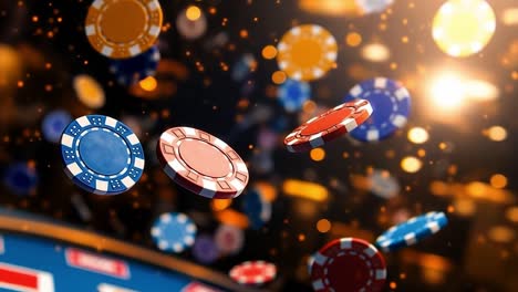 colorful chips in the air. casino chips in various colors hover dramatically against a blurred background of a vibrant gaming environment.