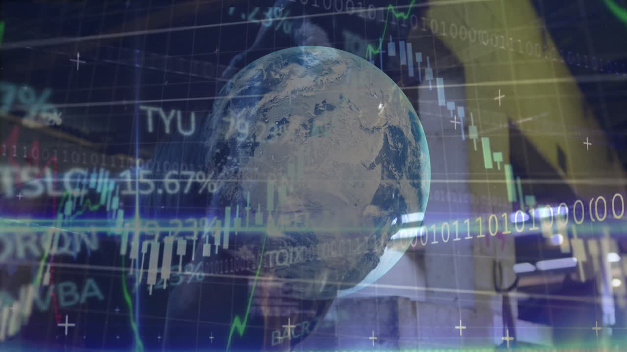 Animación de procesamiento de datos y globo sobre caballo