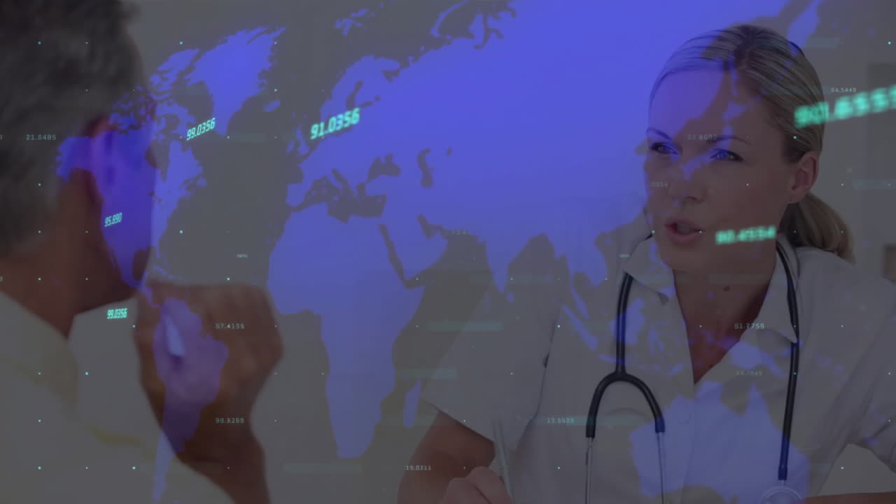 Animation of financial data processing and world map over diverse female doctor and patient