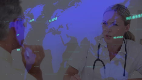 animation of financial data processing and world map over diverse female doctor and patient