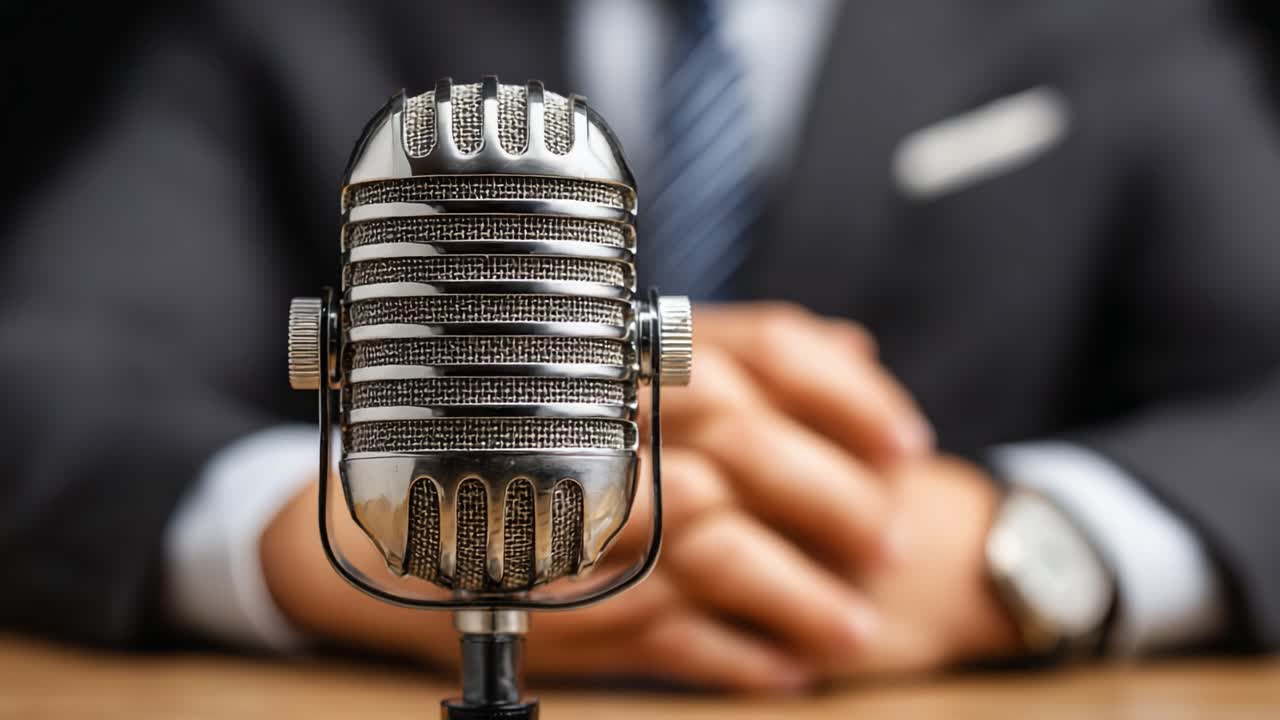 A Close-Up of a Vintage Microphone with a Businessman’s Hands in the Background, Signifying Communication, Public Speaking, and Professional Engagements