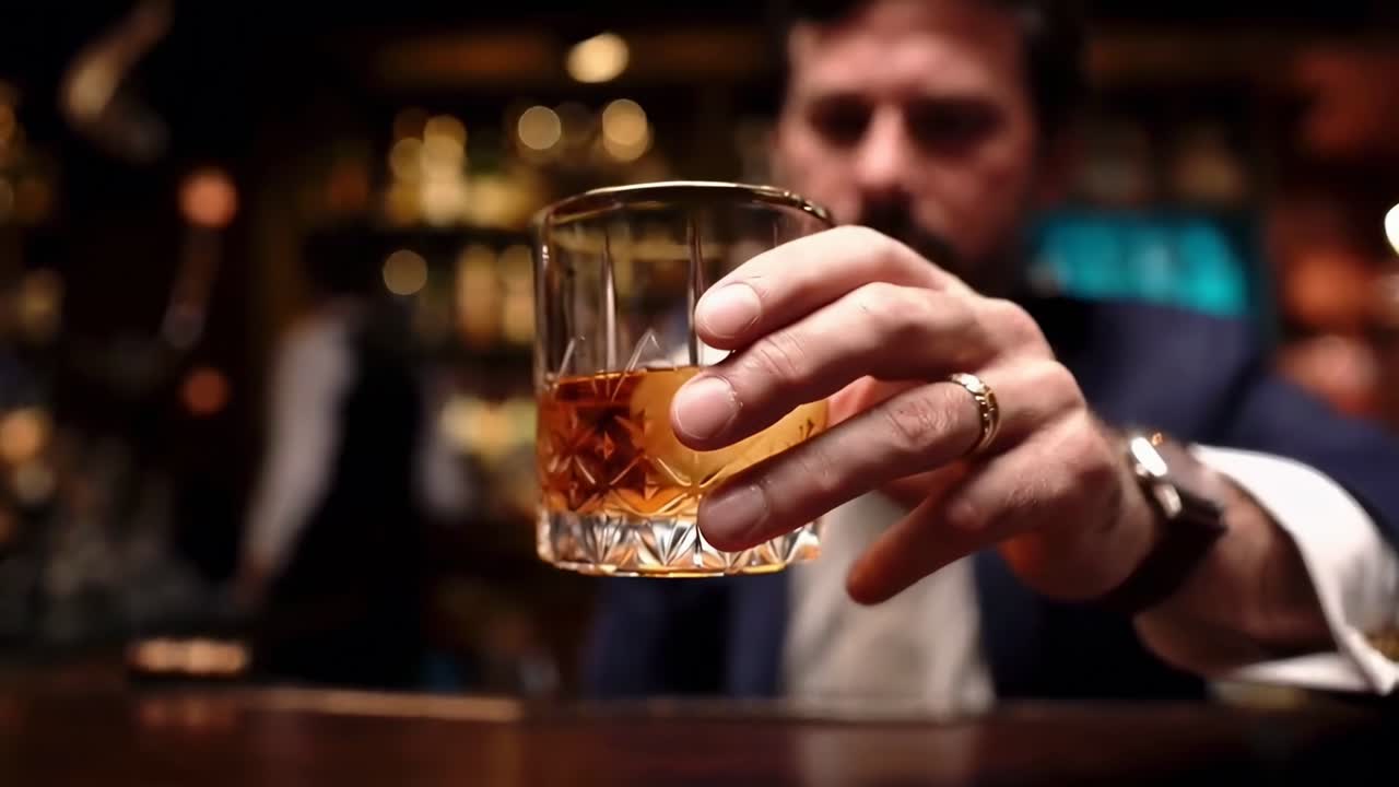 Close-up video of a man's hand holding a whiskey glass in a dimly lit bar setting