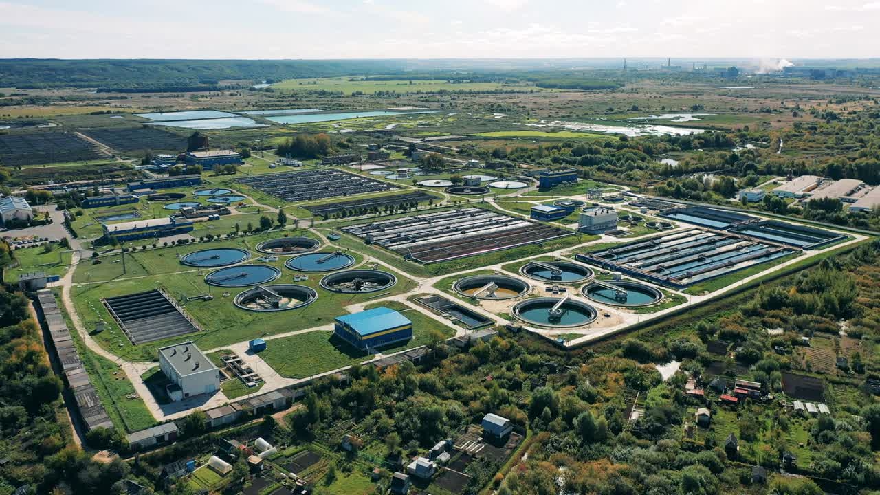 Drone shot of a large sewage cleaning facility in daylight
