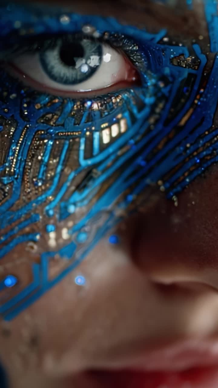 Un primo piano di un design futuristico di face painting con intricati motivi di circuiti e dettagli blu vivaci, che cattura una miscela unica di tecnologia e arte