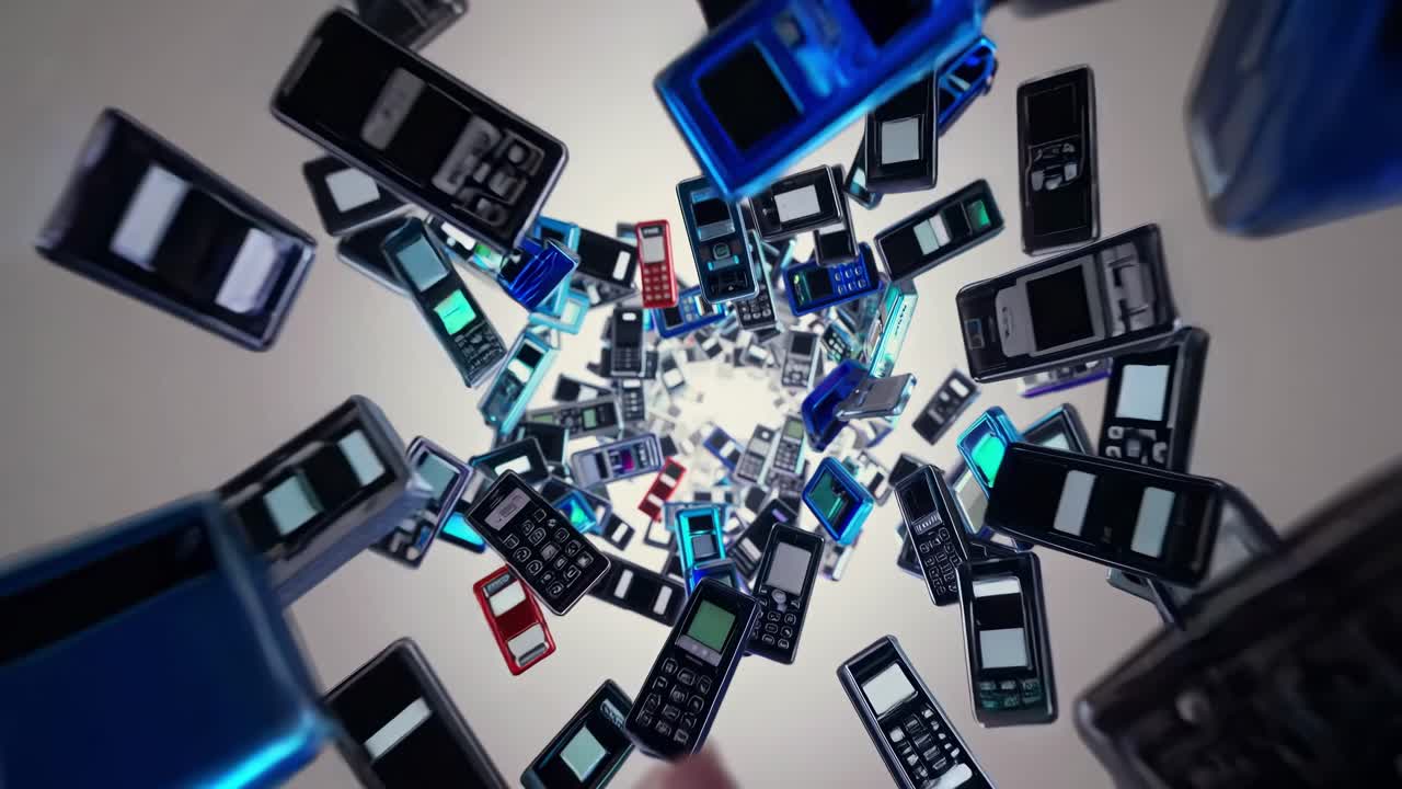 Numerous retro mobile phones in vibrant colors, mainly blue and black with hints of red, swirling within a vortex against a light gray backdrop, evoke nostalgia and technological evolution