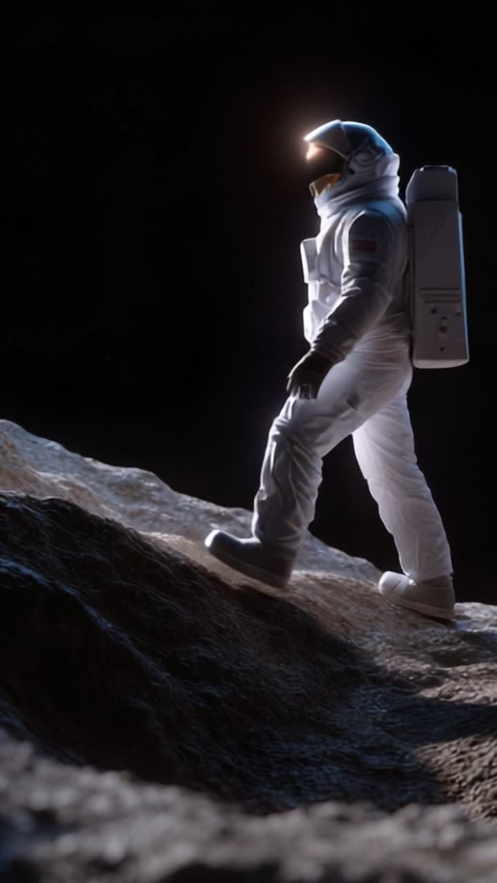 Astronaut Exploring the Lunar Surface with a Futuristic Space Suit, Illuminated by a Headlight, Highlighting the Rugged Terrain and Dark Surroundings