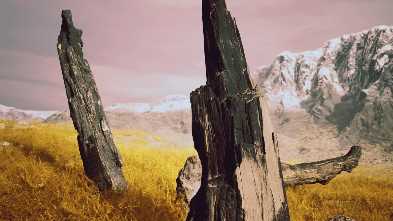 Majestic mountain landscape with ancient tree stumps and golden grass
