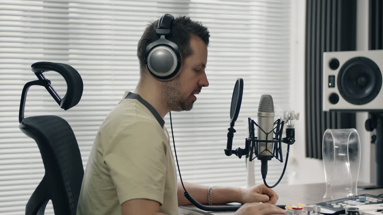 Man Recording Podcast in Home Studio