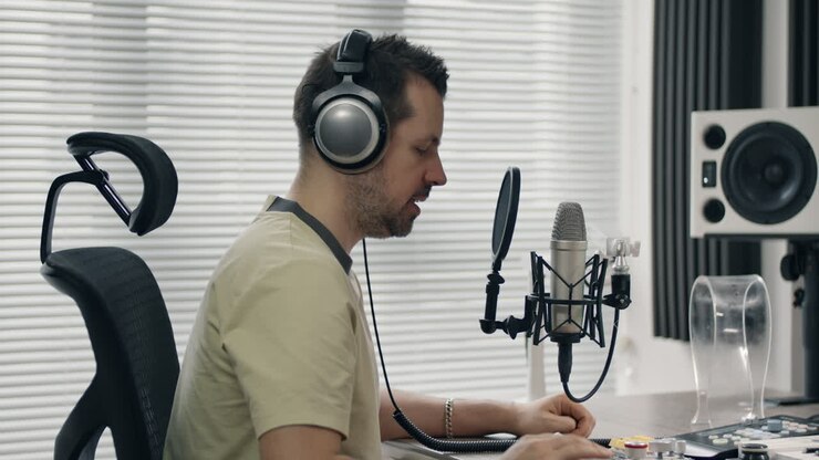 Man Recording Podcast in Home Studio
