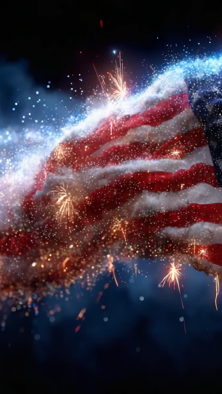 A Vibrant Celebration of Patriotism: A Stunning Display of Fireworks Illuminating a Blowing American Flag, Symbolizing Freedom and National Pride