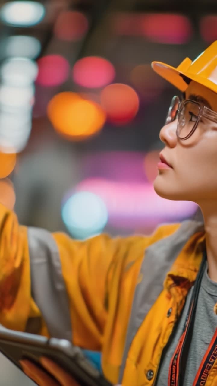 Focused Professional in Safety Gear Analyzing Data with Tablet Amidst Bright Background Lights in a Dynamic Work Environment