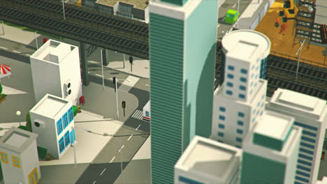 Low-poly-3d-animation-of-the-city-life.-Aerial-view-of-the-cityscape-with-the-electrical-charging-station.-The-electric-car-is-recharging-its-battery-after-the-long-journey.